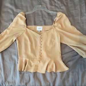 J.O.A Puff Sleeve Tan Blouse Buttons Mid Sleeve